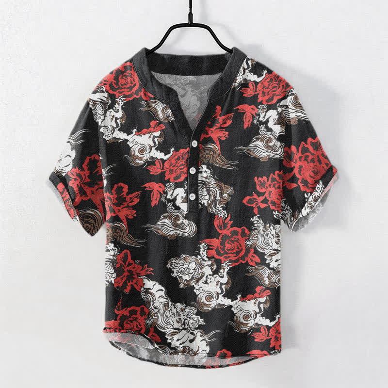 Buddha Stones Chemise Henley à manches courtes et demi-boutonnée pour homme, en coton rouge à imprimé floral nuageux - Noir - US/UK/AU50，EU60 (5XL) - image 0