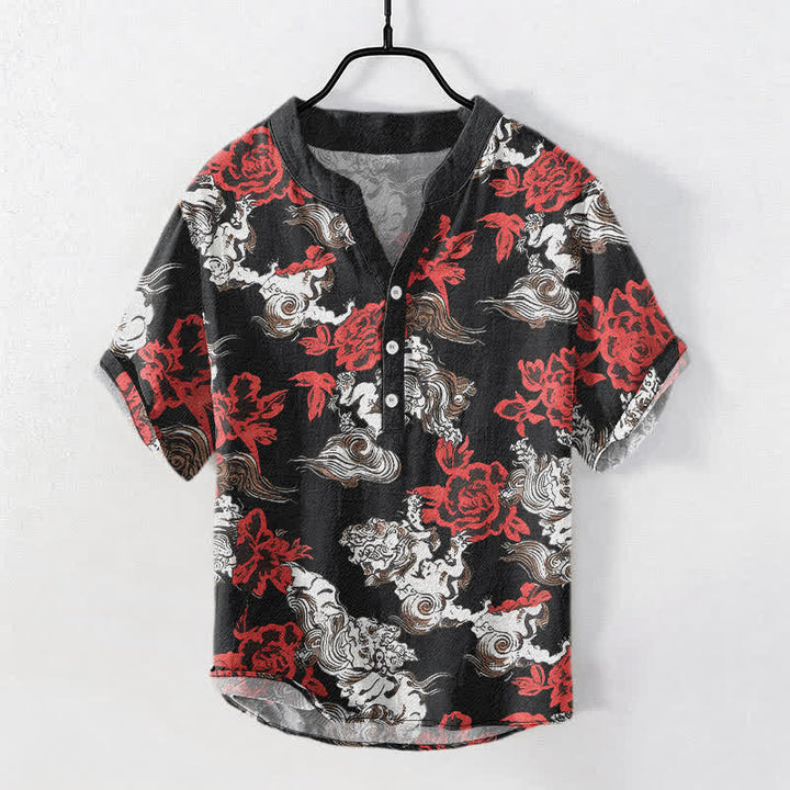 Buddha Stones Chemise Henley à manches courtes et demi-boutonnée pour homme, en coton rouge à imprimé floral nuageux - Noir - US/UK/AU50，EU60 (5XL) - image 0