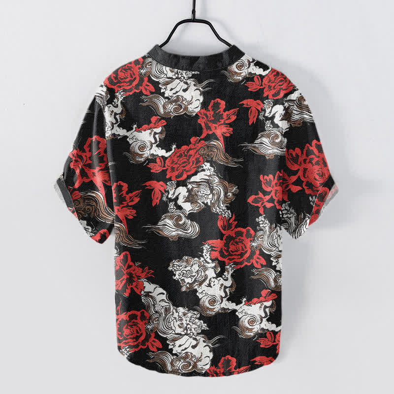 Buddha Stones Chemise Henley à manches courtes et demi-boutonnée pour homme, en coton rouge à imprimé floral nuageux - image 1