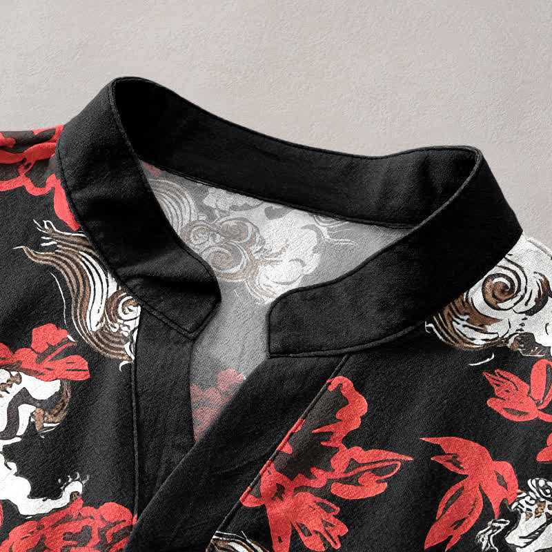 Buddha Stones Chemise Henley à manches courtes et demi-boutonnée pour homme, en coton rouge à imprimé floral nuageux - image 2