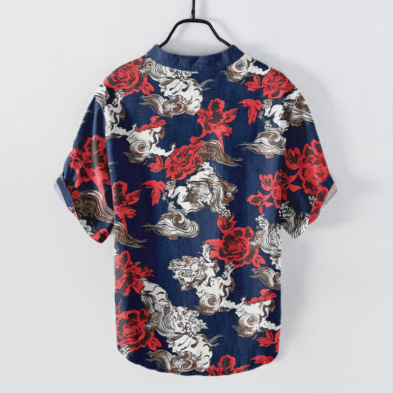 Buddha Stones Chemise Henley à manches courtes et demi-boutonnée pour homme, en coton rouge à imprimé floral nuageux - image 6