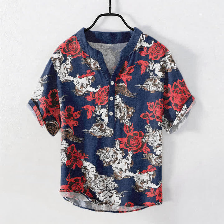 Buddha Stones Chemise Henley à manches courtes et demi-boutonnée pour homme, en coton rouge à imprimé floral nuageux - Bleu foncé - US/UK/AU50，EU60 (5XL) - image 5
