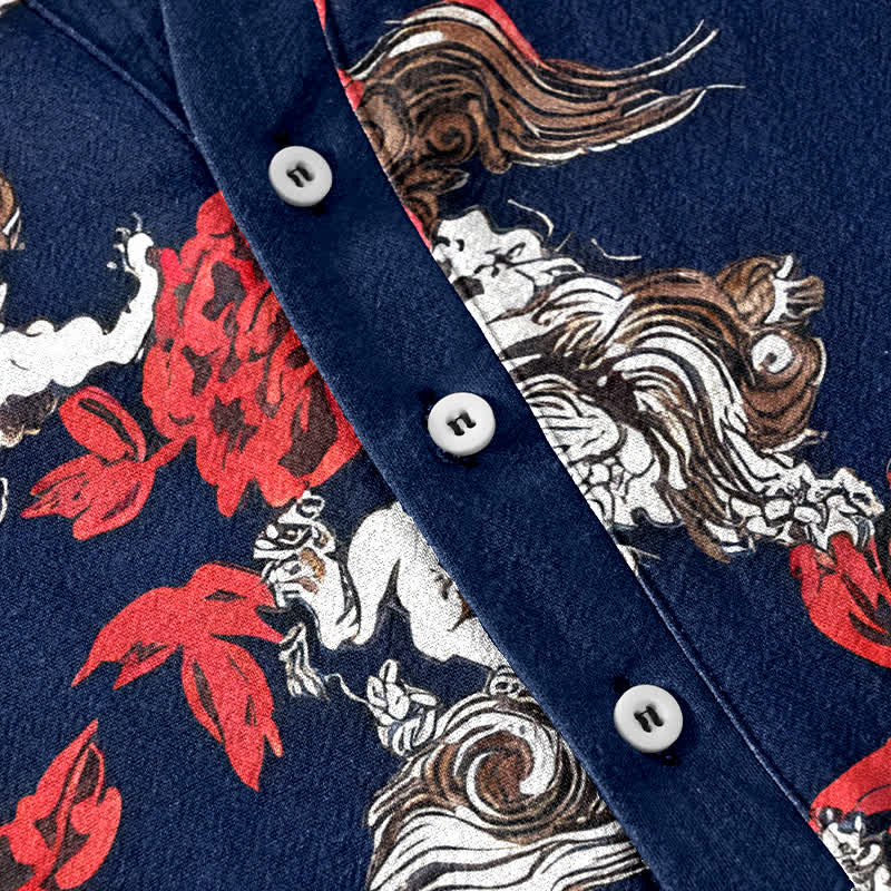 Buddha Stones Chemise Henley à manches courtes et demi-boutonnée pour homme, en coton rouge à imprimé floral nuageux - image 8