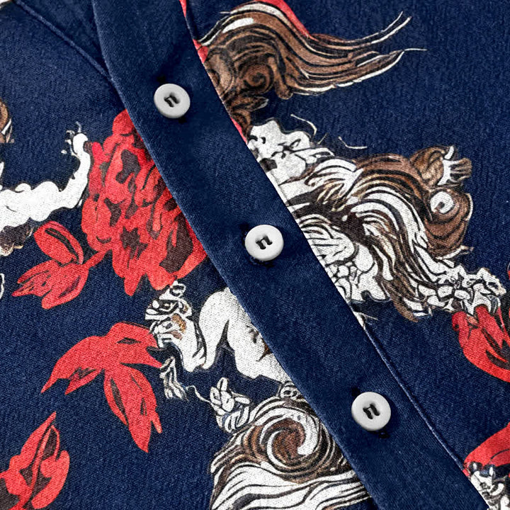 Buddha Stones Chemise Henley à manches courtes et demi-boutonnée pour homme, en coton rouge à imprimé floral nuageux - image 8