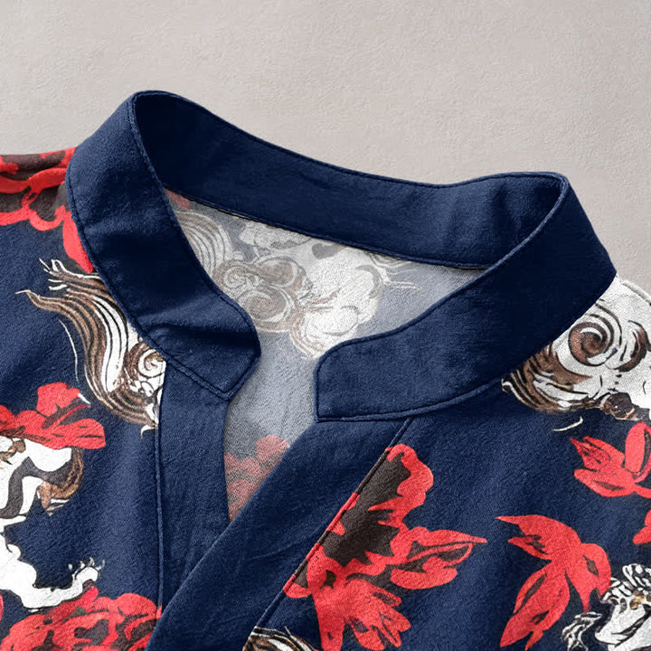 Buddha Stones Chemise Henley à manches courtes et demi-boutonnée pour homme, en coton rouge à imprimé floral nuageux - image 7