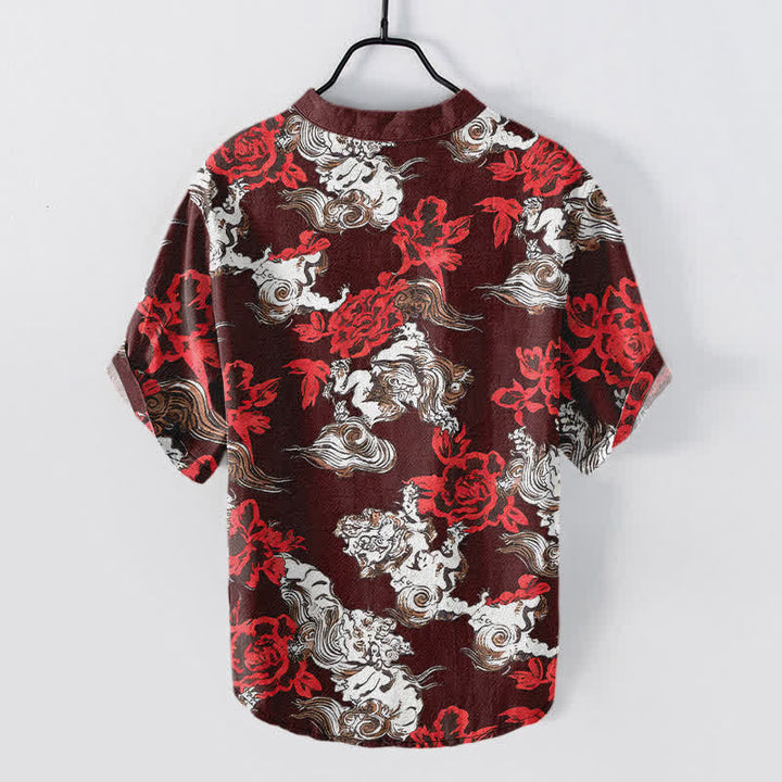 Buddha Stones Chemise Henley à manches courtes et demi-boutonnée pour homme, en coton rouge à imprimé floral nuageux - image 11