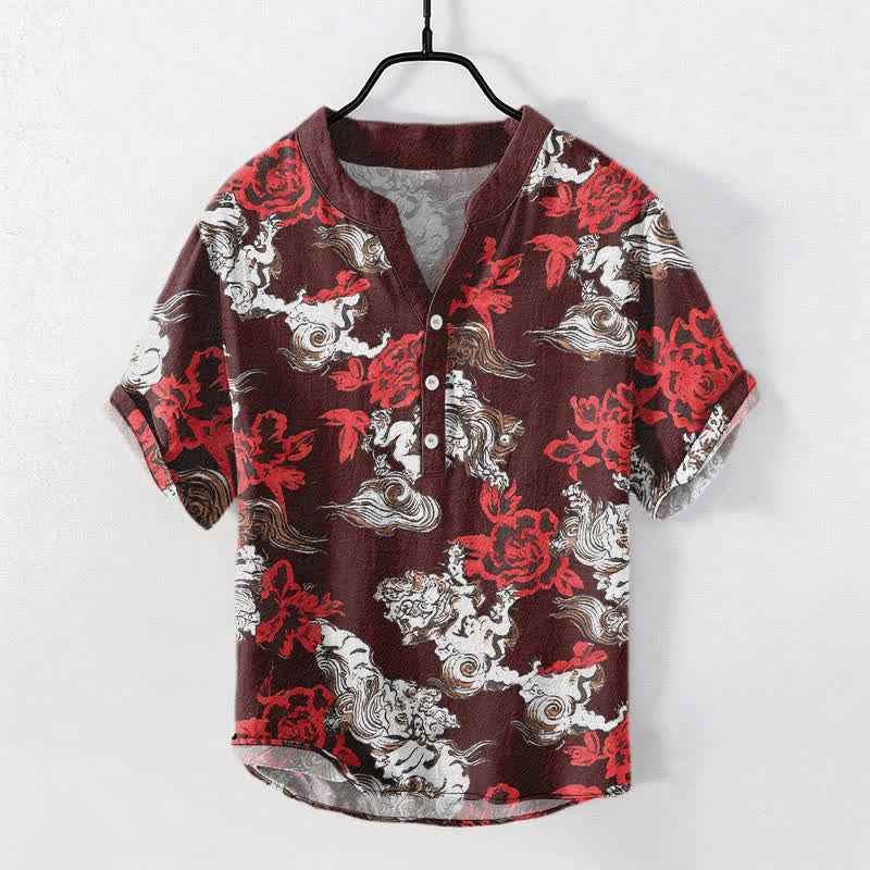 Buddha Stones Chemise Henley à manches courtes et demi-boutonnée pour homme, en coton rouge à imprimé floral nuageux - Rouge foncé - US/UK/AU50，EU60 (5XL) - image 10