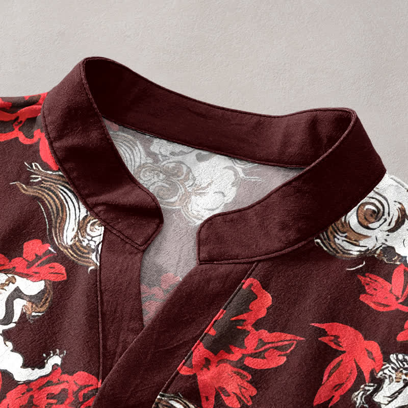 Buddha Stones Chemise Henley à manches courtes et demi-boutonnée pour homme, en coton rouge à imprimé floral nuageux - image 12