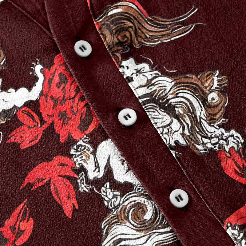 Buddha Stones Chemise Henley à manches courtes et demi-boutonnée pour homme, en coton rouge à imprimé floral nuageux - image 13