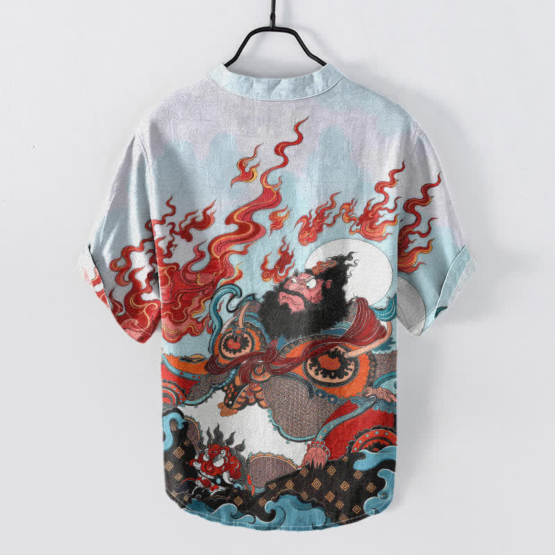 Buddha Stones Chemise à manches courtes pour homme en coton imprimé Mythic Flame, demi-boutonnée - image 1
