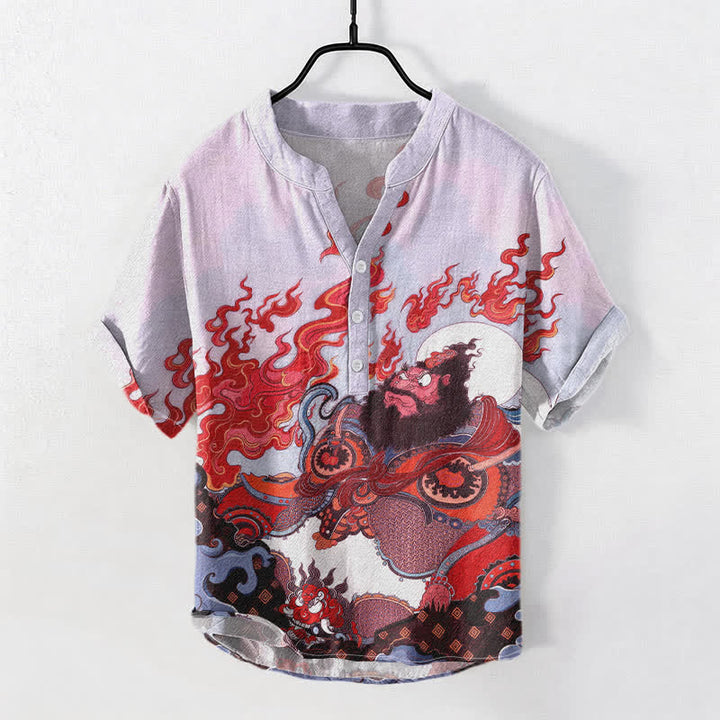 Buddha Stones Chemise à manches courtes pour homme en coton imprimé Mythic Flame, demi-boutonnée - Chardon - US/UK/AU50，EU60 (5XL) - image 3