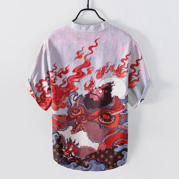 Buddha Stones Chemise à manches courtes pour homme en coton imprimé Mythic Flame, demi-boutonnée - image 4