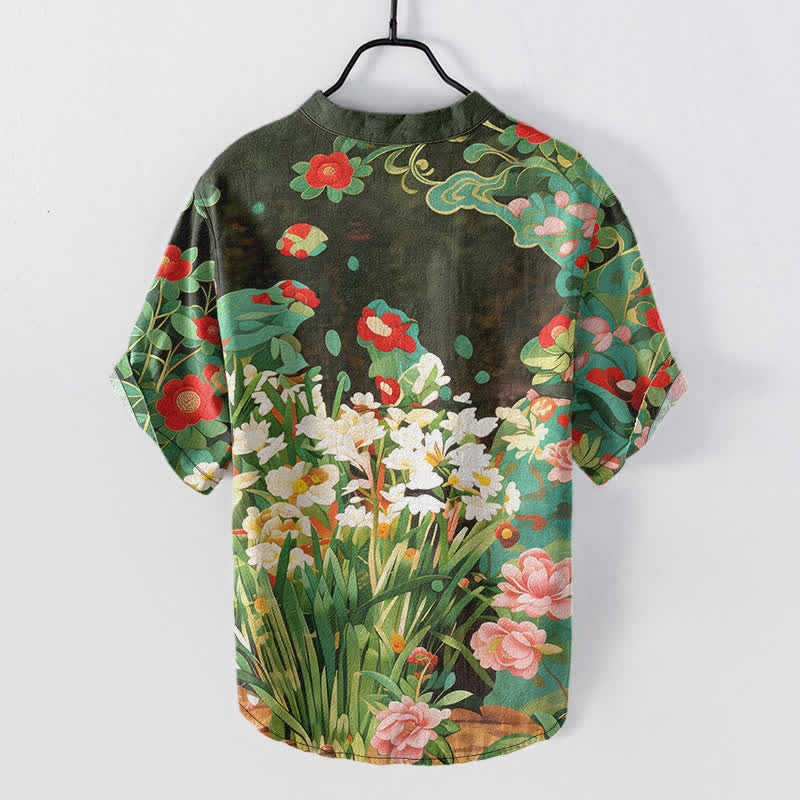 Buddha Stones Chemise homme à manches courtes et demi-boutonnages, en coton à imprimé floral tropical - image 1