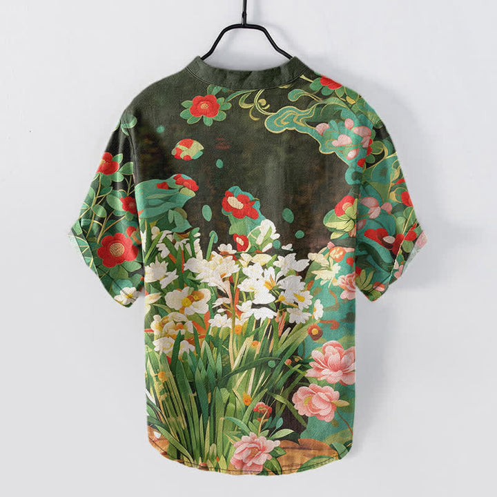 Buddha Stones Chemise homme à manches courtes et demi-boutonnages, en coton à imprimé floral tropical - image 1