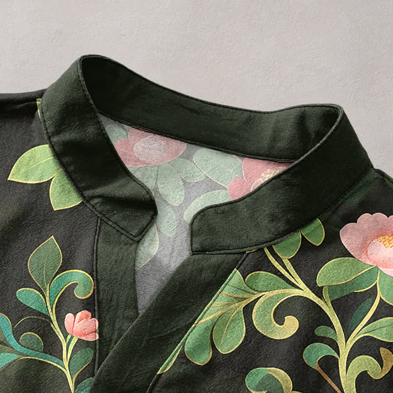 Buddha Stones Chemise homme à manches courtes et demi-boutonnages, en coton à imprimé floral tropical - image 2