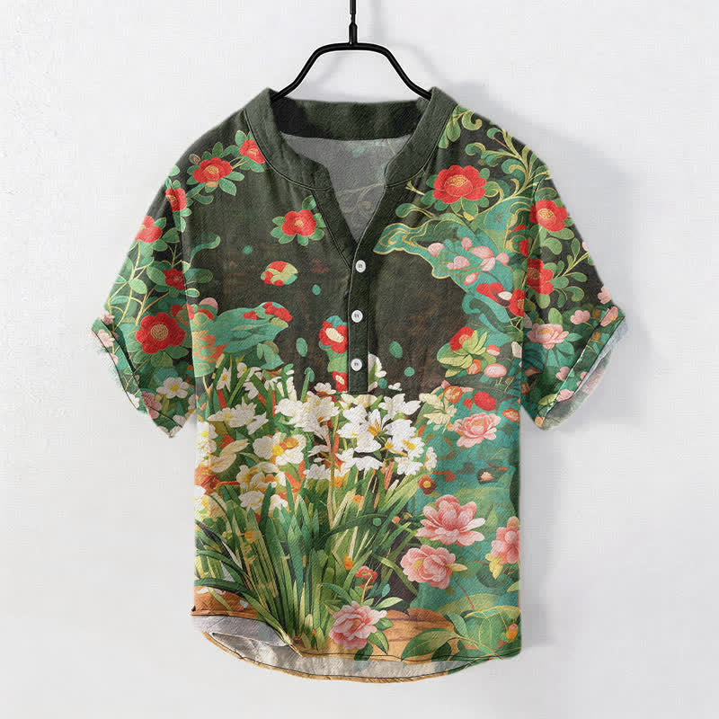 Buddha Stones Chemise homme à manches courtes et demi-boutonnages, en coton à imprimé floral tropical - Vert olive foncé - US/UK/AU50，EU60 (5XL) - image 0
