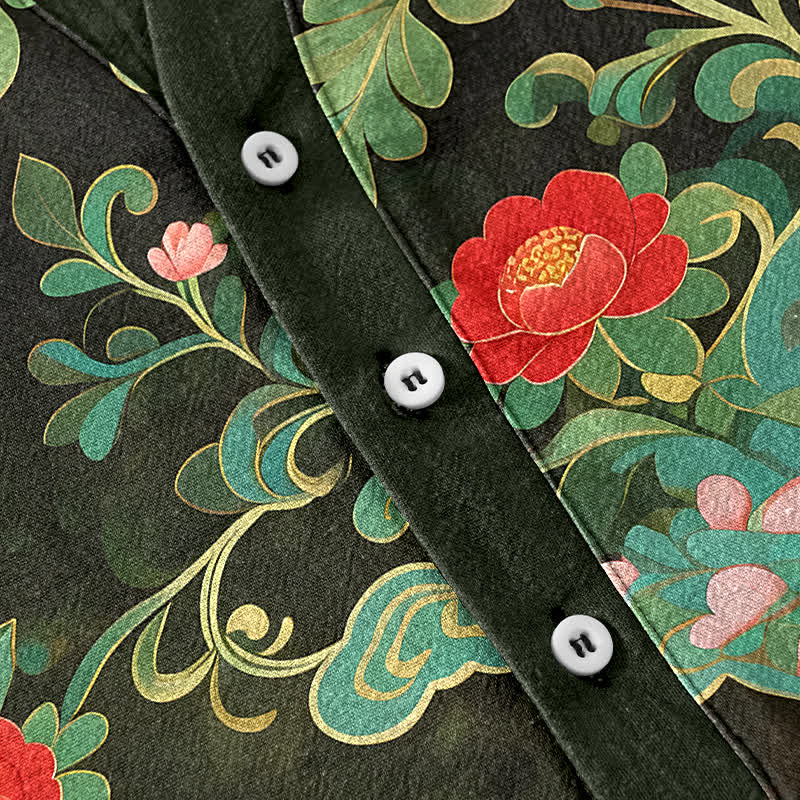 Buddha Stones Chemise homme à manches courtes et demi-boutonnages, en coton à imprimé floral tropical - image 3