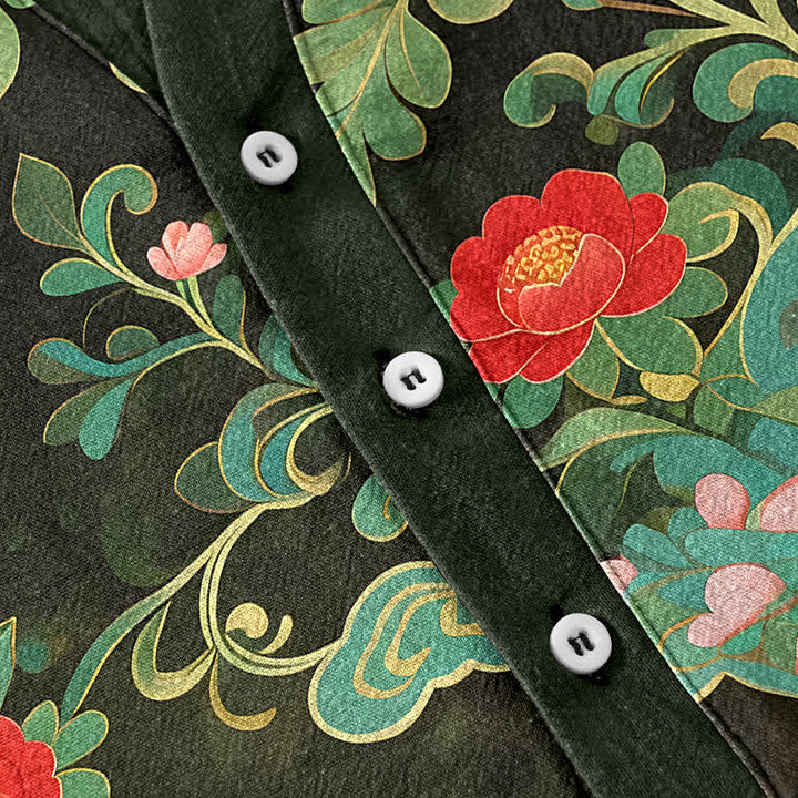 Buddha Stones Chemise homme à manches courtes et demi-boutonnages, en coton à imprimé floral tropical - image 3