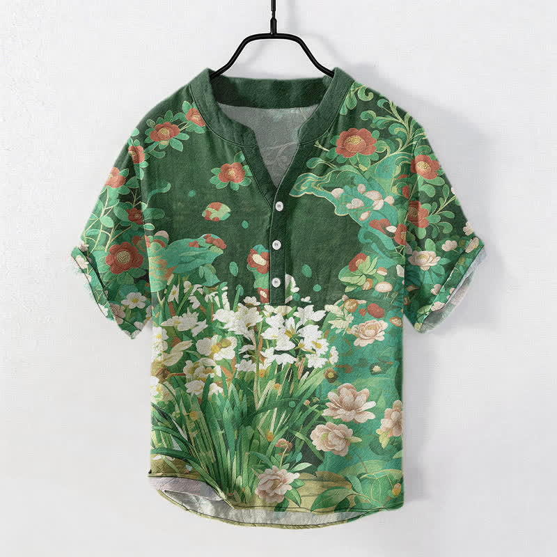 Buddha Stones Chemise homme à manches courtes et demi-boutonnages, en coton à imprimé floral tropical - Vert d'eau - US/UK/AU50，EU60 (5XL) - image 5