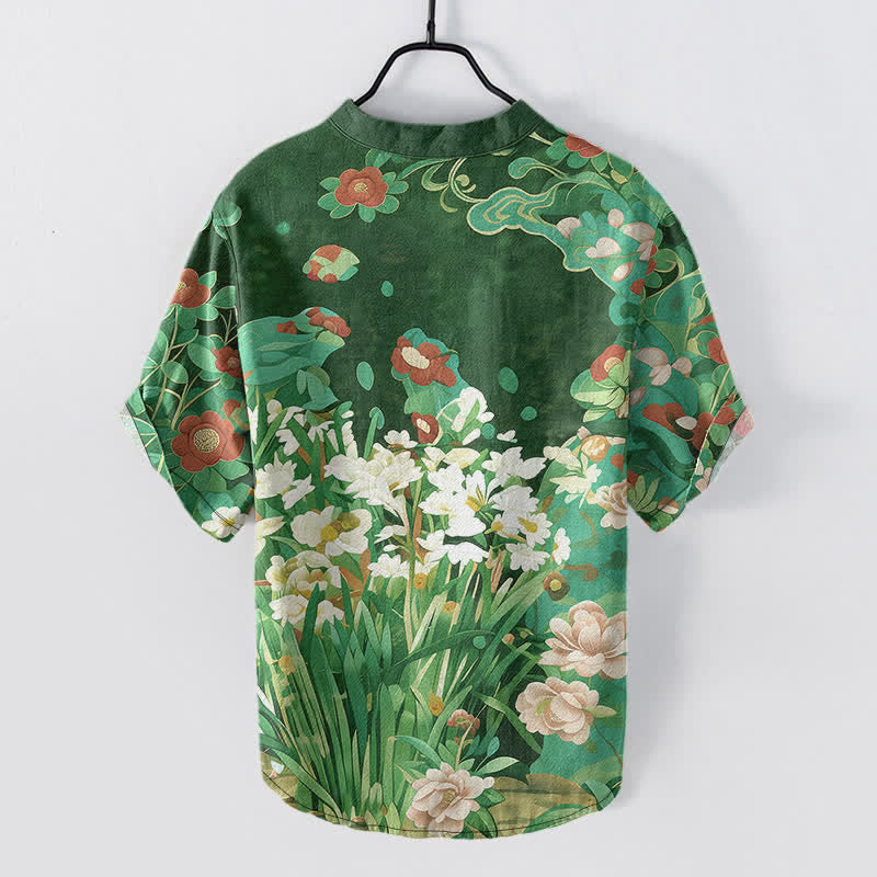 Buddha Stones Chemise homme à manches courtes et demi-boutonnages, en coton à imprimé floral tropical - image 6