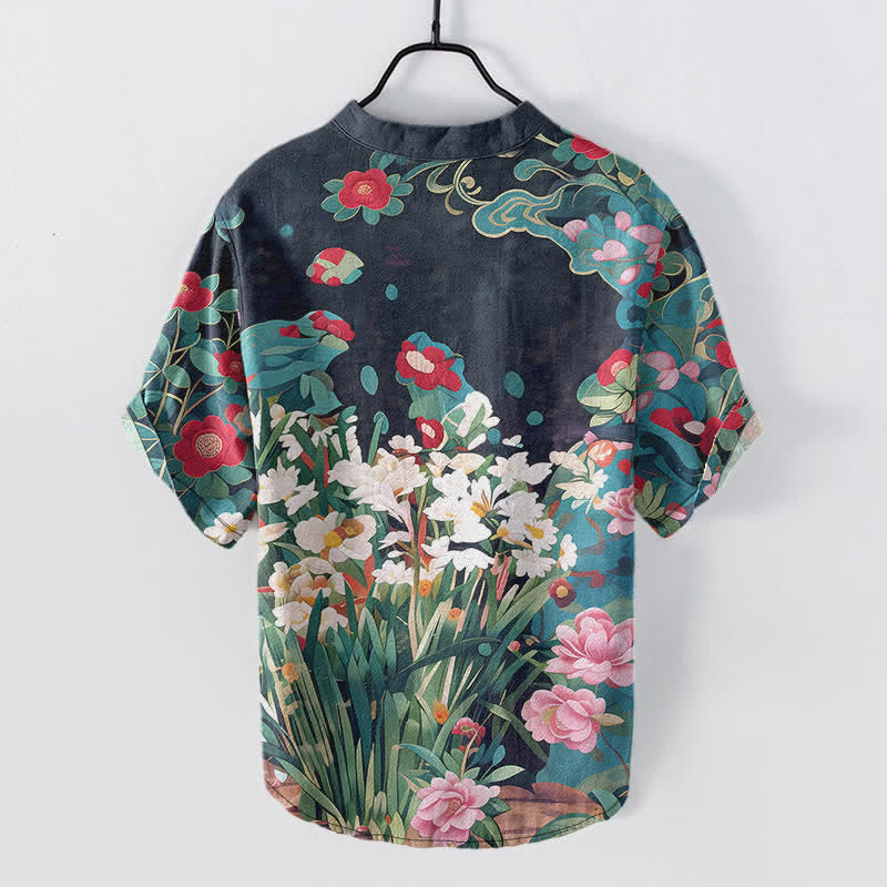 Buddha Stones Chemise homme à manches courtes et demi-boutonnages, en coton à imprimé floral tropical - image 8