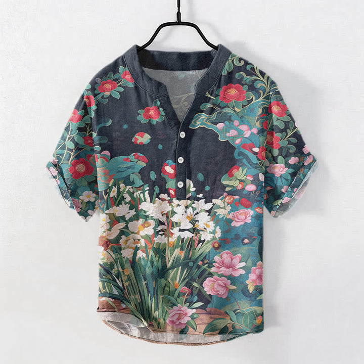 Buddha Stones Chemise homme à manches courtes et demi-boutonnages, en coton à imprimé floral tropical - Gris ardoise foncé - US/UK/AU50，EU60 (5XL) - image 7