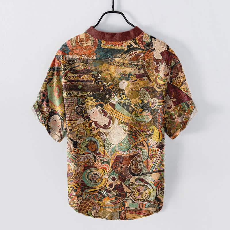Buddha Stones Chemise homme à manches courtes et demi-boutonnages, imprimée portrait, en coton - image 1