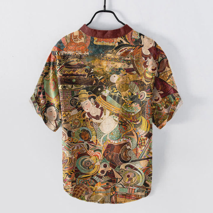 Buddha Stones Chemise homme à manches courtes et demi-boutonnages, imprimée portrait, en coton - image 1