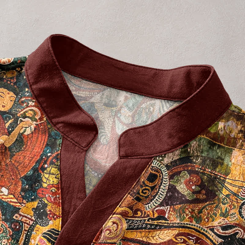Buddha Stones Chemise homme à manches courtes et demi-boutonnages, imprimée portrait, en coton - image 2
