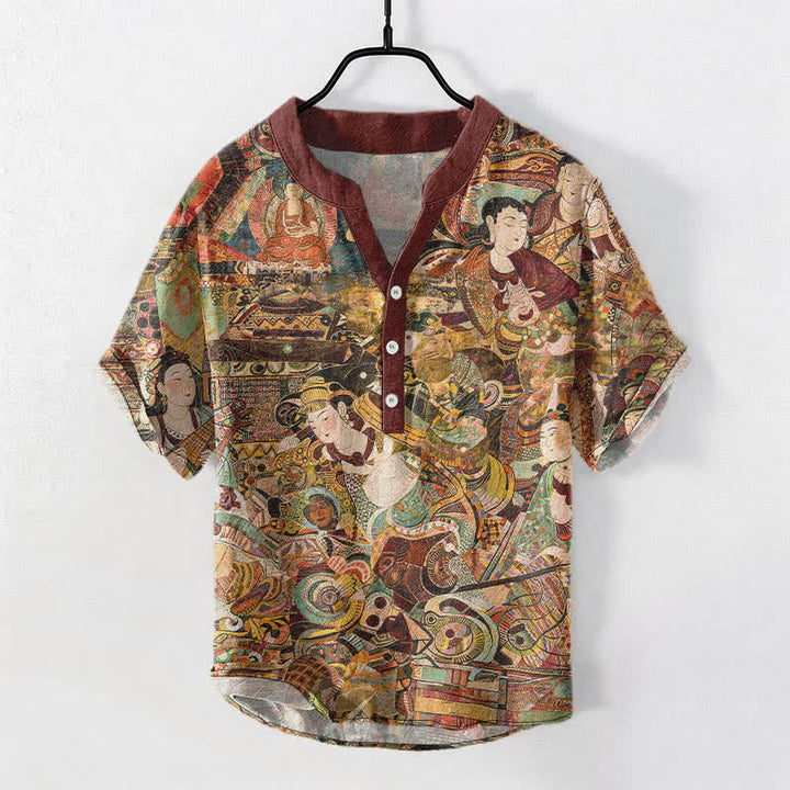 Buddha Stones Chemise homme à manches courtes et demi-boutonnages, imprimée portrait, en coton - Rouge foncé - US/UK/AU50，EU60 (5XL) - image 0