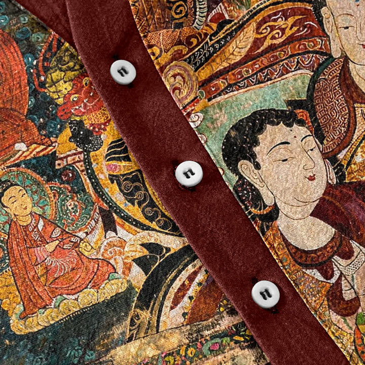 Buddha Stones Chemise homme à manches courtes et demi-boutonnages, imprimée portrait, en coton - image 3