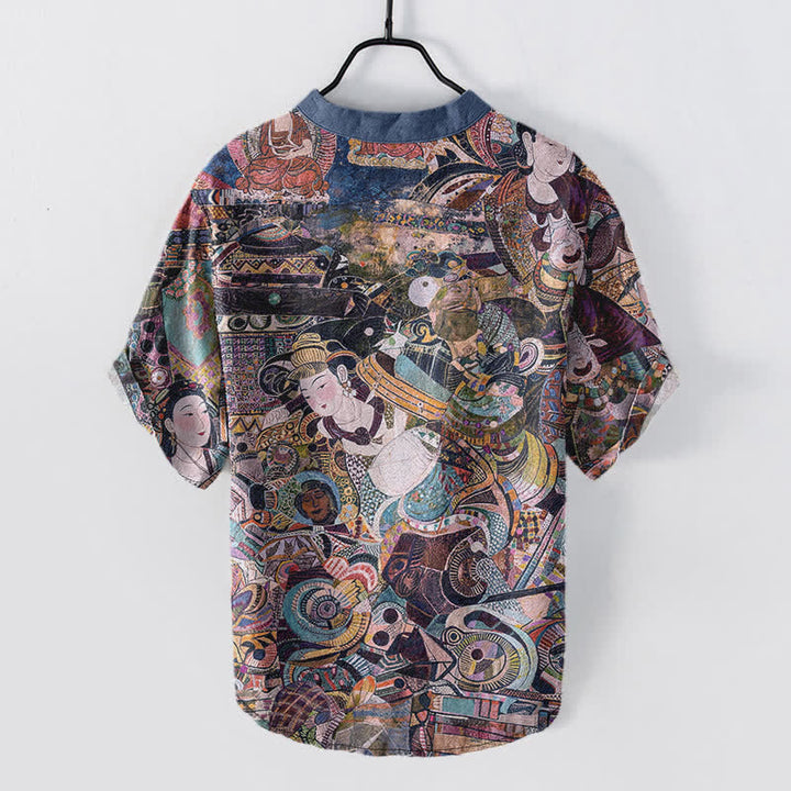 Buddha Stones Chemise homme à manches courtes et demi-boutonnages, imprimée portrait, en coton - image 6