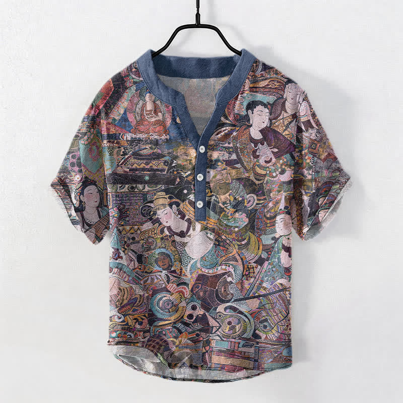 Buddha Stones Chemise homme à manches courtes et demi-boutonnages, imprimée portrait, en coton - SteelBlue - US/UK/AU50，EU60 (5XL) - image 5
