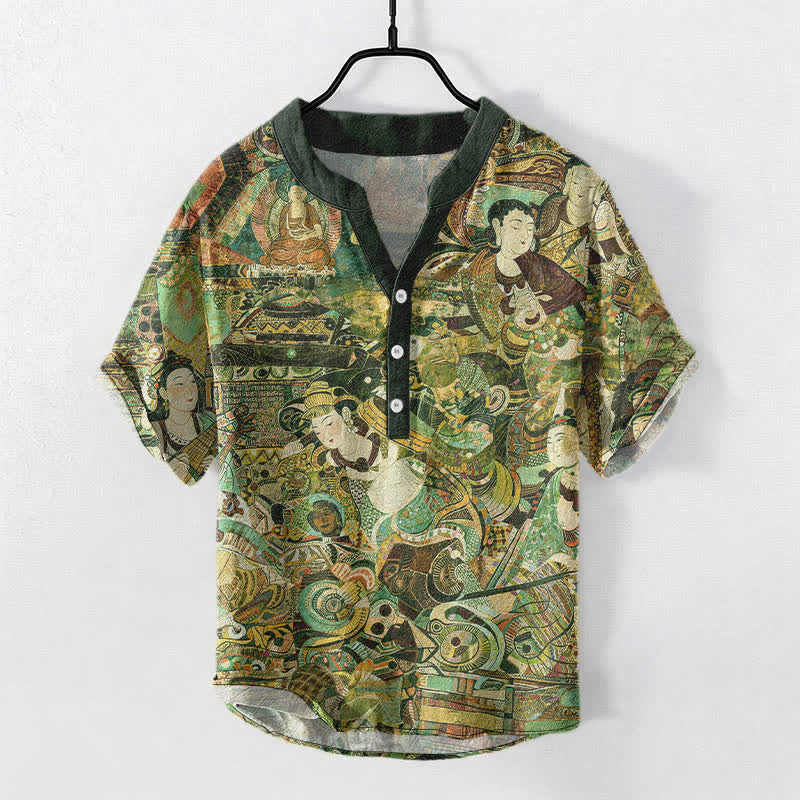 Buddha Stones Chemise homme à manches courtes et demi-boutonnages, imprimée portrait, en coton - Vert foncé - US/UK/AU50，EU60 (5XL) - image 7