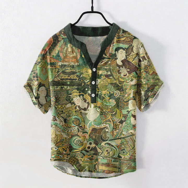 Buddha Stones Chemise homme à manches courtes et demi-boutonnages, imprimée portrait, en coton - Vert foncé - US/UK/AU50，EU60 (5XL) - image 7