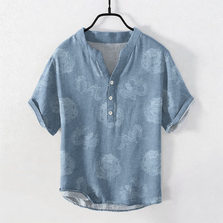 Buddha Stones Chemise homme à manches courtes et demi-boutonnages, imprimé dragon en coton - Bleu ciel clair - US/UK/AU50，EU60 (5XL) - image 0
