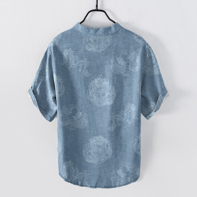 Buddha Stones Chemise homme à manches courtes et demi-boutonnages, imprimé dragon en coton - image 1