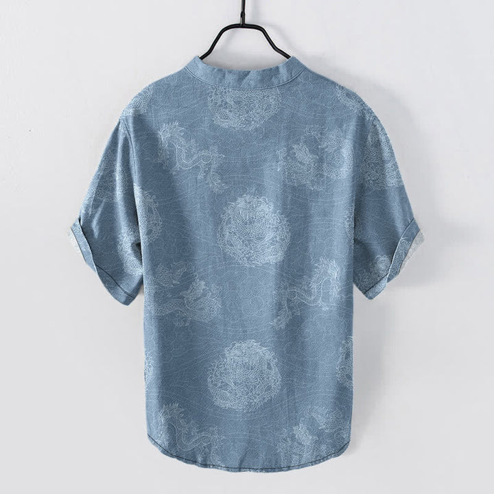 Buddha Stones Chemise homme à manches courtes et demi-boutonnages, imprimé dragon en coton - image 1