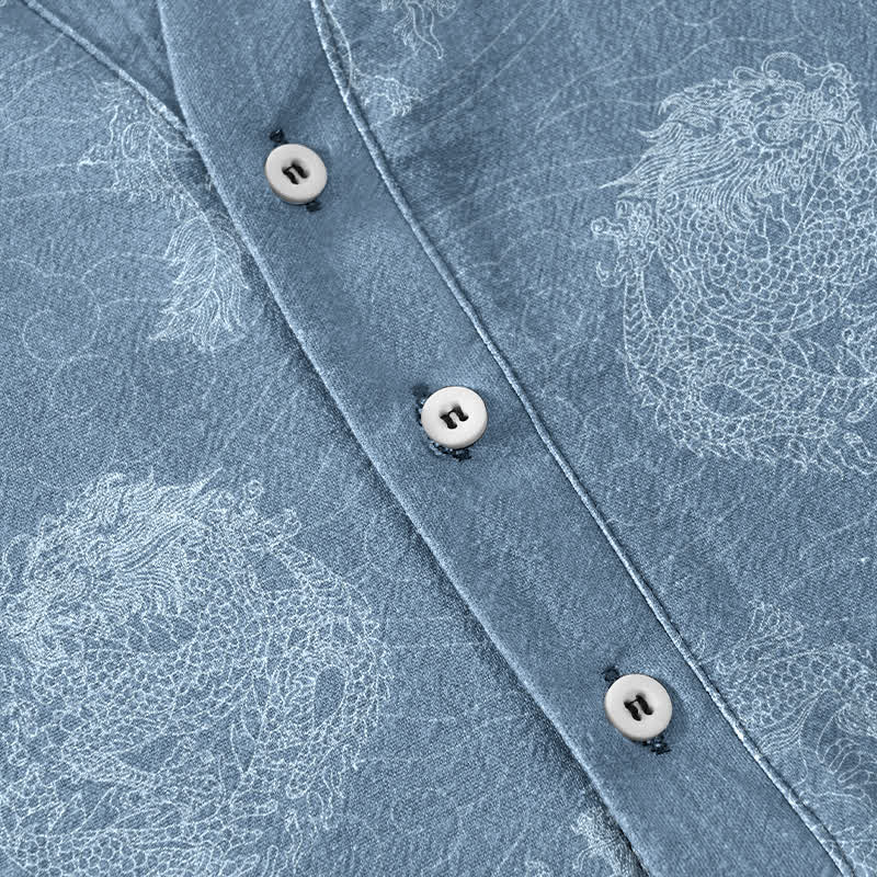 Buddha Stones Chemise homme à manches courtes et demi-boutonnages, imprimé dragon en coton - image 3
