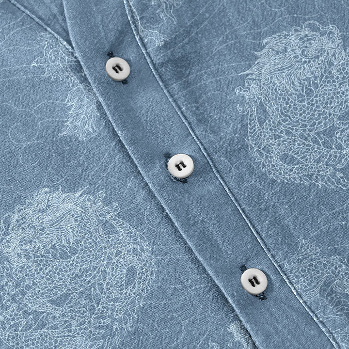 Buddha Stones Chemise homme à manches courtes et demi-boutonnages, imprimé dragon en coton - image 3