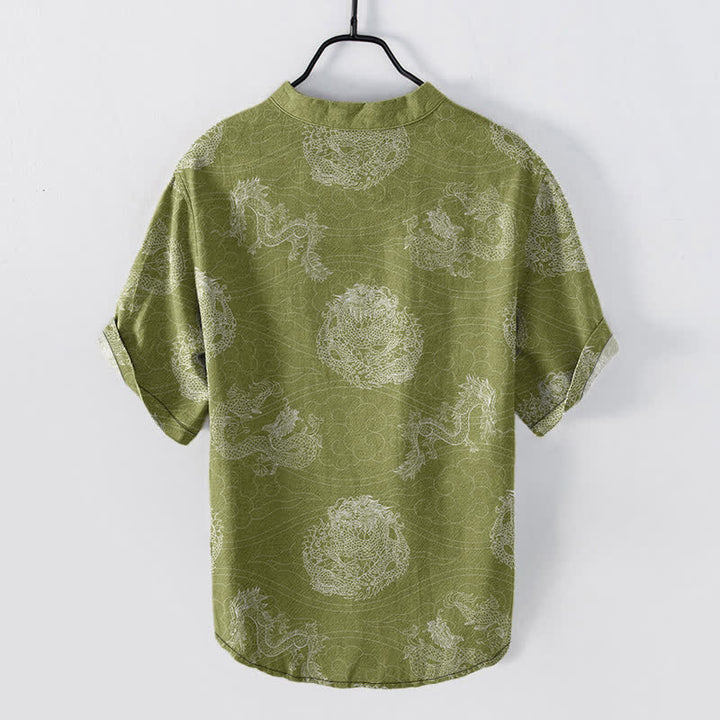 Buddha Stones Chemise homme à manches courtes et demi-boutonnages, imprimé dragon en coton - image 6