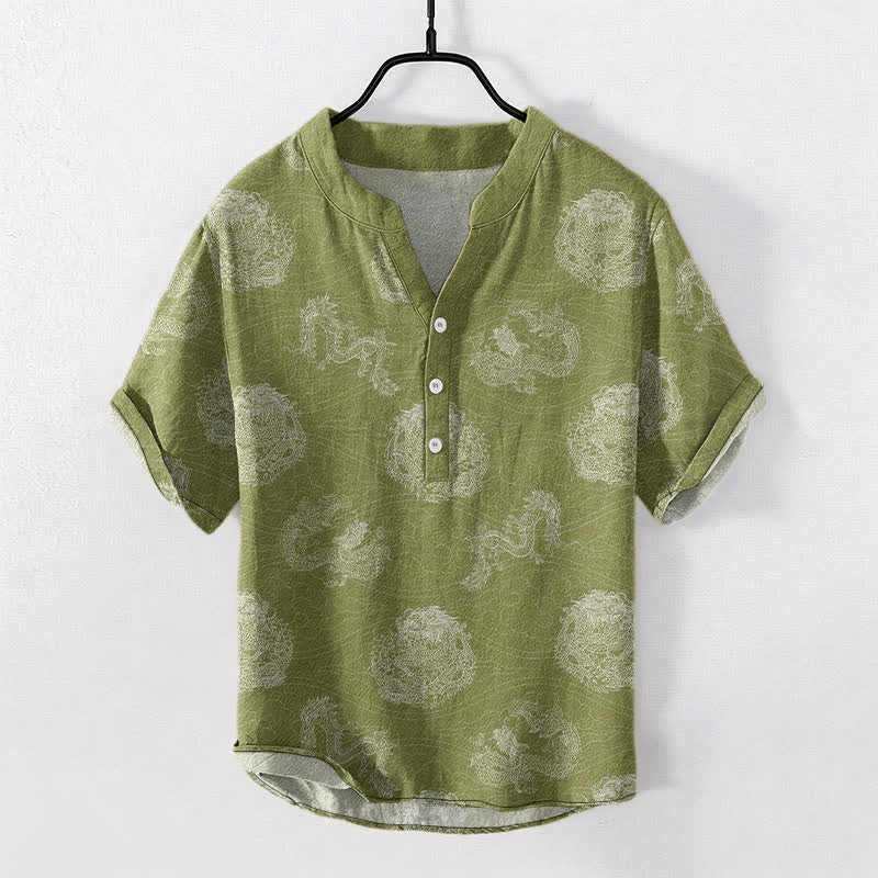 Buddha Stones Chemise homme à manches courtes et demi-boutonnages, imprimé dragon en coton - JauneVert - US/UK/AU50，EU60 (5XL) - image 5