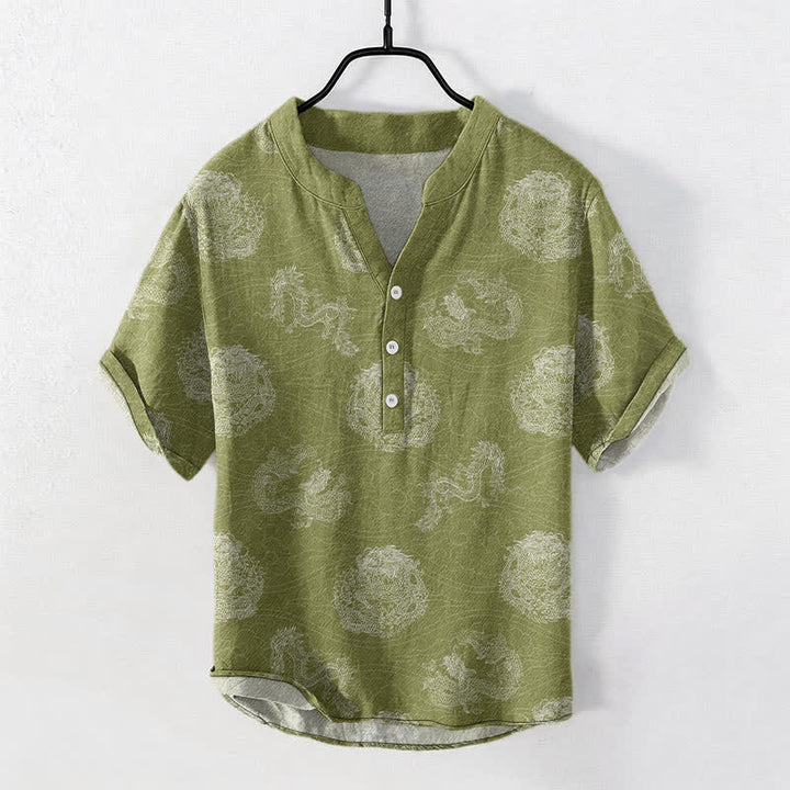 Buddha Stones Chemise homme à manches courtes et demi-boutonnages, imprimé dragon en coton - JauneVert - US/UK/AU50，EU60 (5XL) - image 5