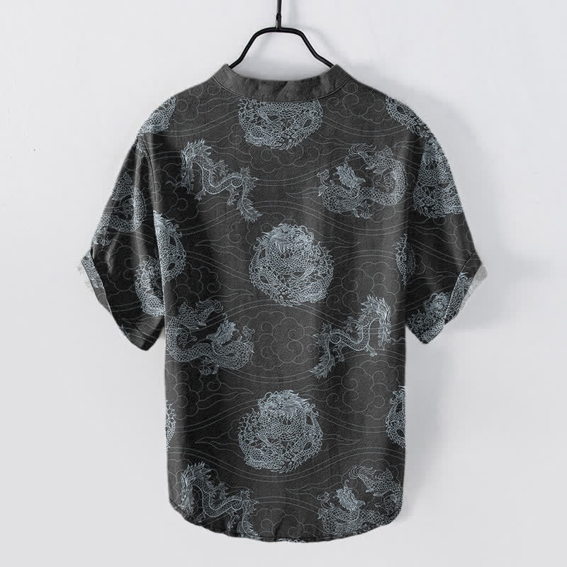 Buddha Stones Chemise homme à manches courtes et demi-boutonnages, imprimé dragon en coton - image 8