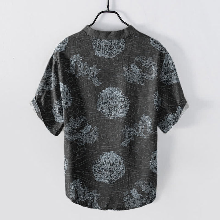 Buddha Stones Chemise homme à manches courtes et demi-boutonnages, imprimé dragon en coton - image 8