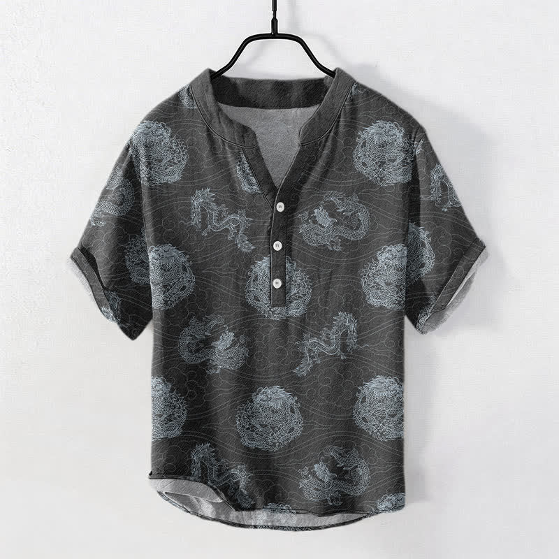 Buddha Stones Chemise homme à manches courtes et demi-boutonnages, imprimé dragon en coton - Gris terne - US/UK/AU50，EU60 (5XL) - image 7