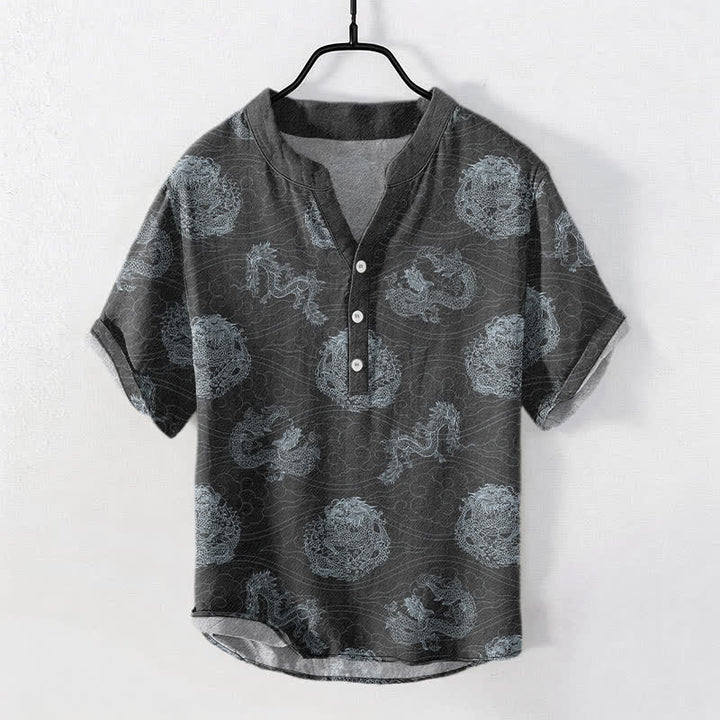 Buddha Stones Chemise homme à manches courtes et demi-boutonnages, imprimé dragon en coton - Gris terne - US/UK/AU50，EU60 (5XL) - image 7