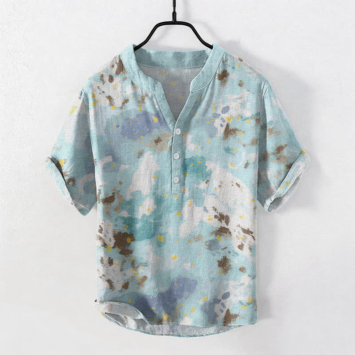 Buddha Stones Chemise homme à manches courtes et demi-boutonnée en coton à motif aquarelle - Turquoise pâle - US/UK/AU50，EU60 (5XL) - image 0