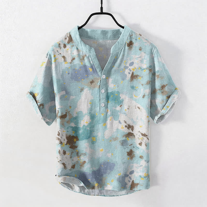 Buddha Stones Chemise homme à manches courtes et demi-boutonnée en coton à motif aquarelle - Turquoise pâle - US/UK/AU50，EU60 (5XL) - image 0