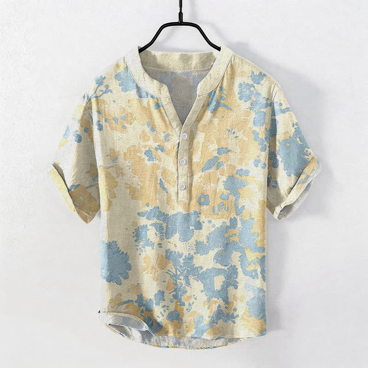 Buddha Stones Chemise Henley à manches courtes et demi-boutonnée pour homme, en coton aquarelle à motif floral Henley - Jaune doré clair - US/UK/AU50，EU60 (5XL) - image 0